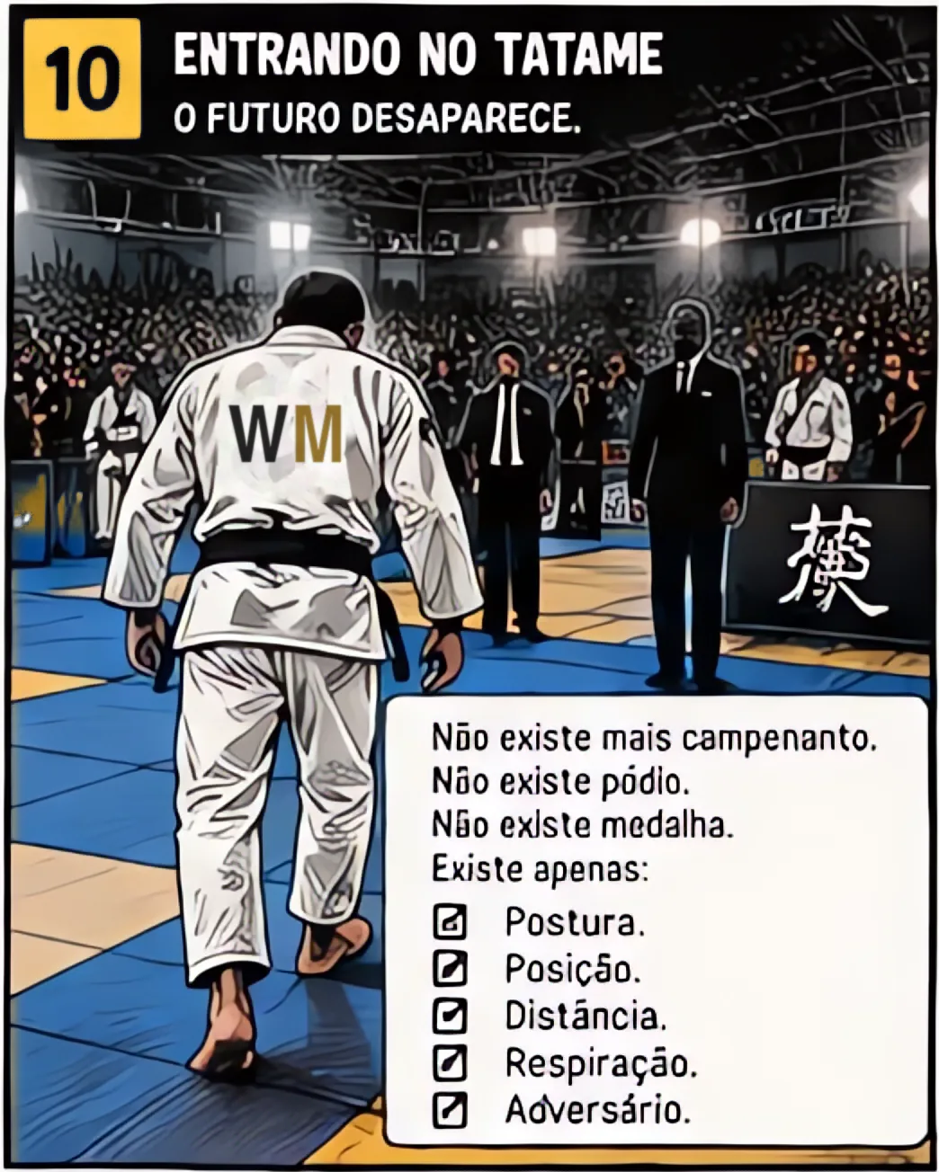 Comic panel 10: Stepping onto the mat in front of the stands